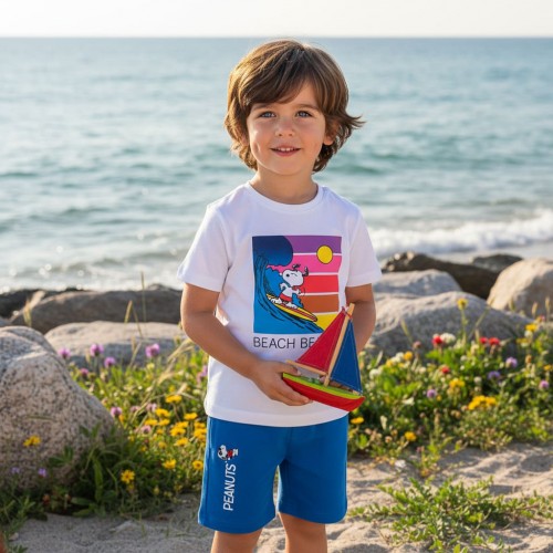 Set băieți Sarabanda cu tricou Snoopy și pantaloni scurți cu imprimeu Peanuts, 0.6536PV23ABS